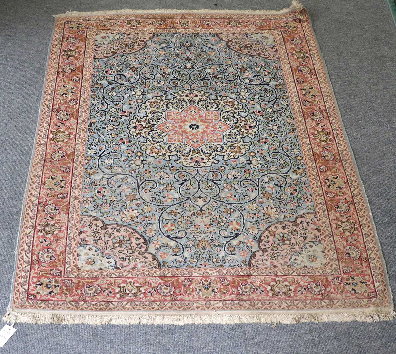 A Kasmir Silk Piled Rug, the sky blue field with central medallion, framed by spandrels and coral - Image 2 of 4