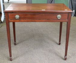 A George III Mahogany Side Table, moulded rectangular top, single drawer, tapered squared legs, 72cm