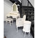 A French Style White Painted Mirror Back Dressing Table, a wall hanging mirror, a stool, a bergere