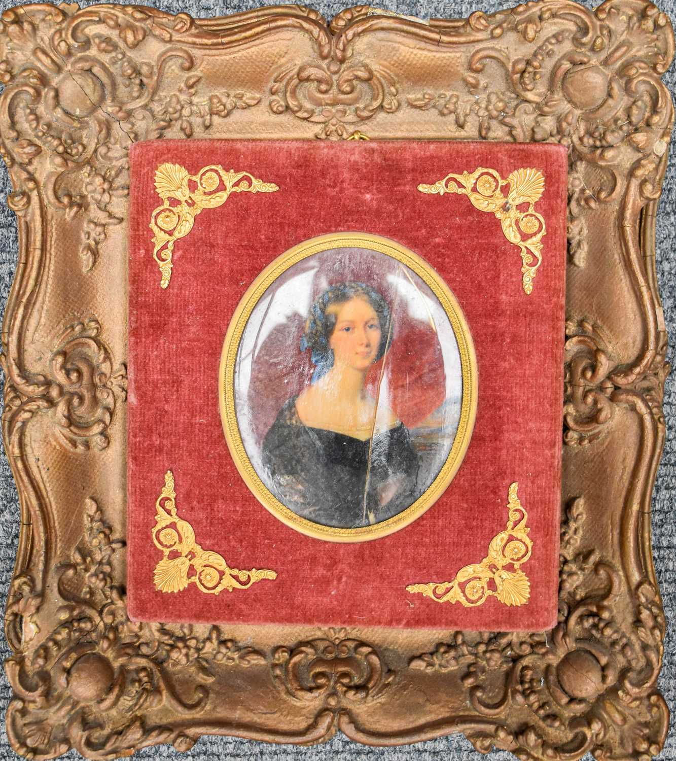 British School (19th Century) Portrait of an elegant lady, half length, seated before draped red - Image 3 of 3