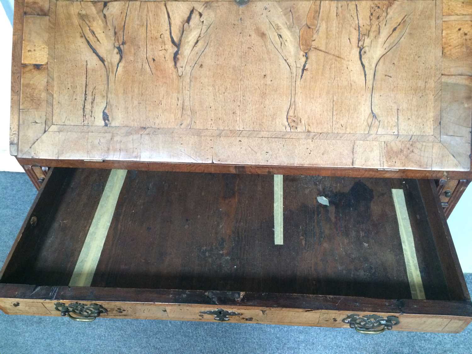 An 18th Century Walnut and Crossbanded Bureau, the fall flap opening to reveal fitted interior - Image 8 of 11