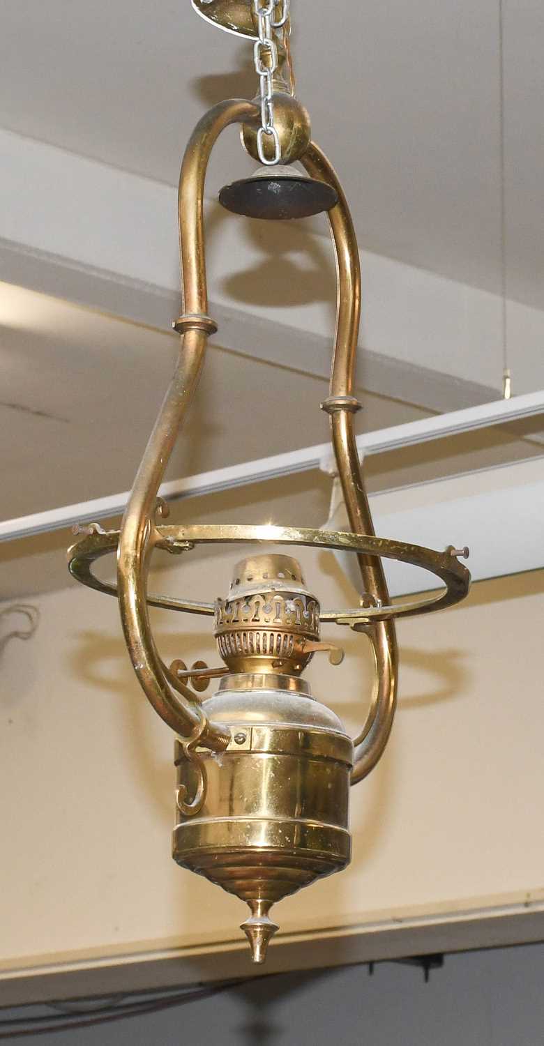 A Set of Three Brass Oil Lanterns, two with opaque white shades, drop 67cm - Image 3 of 4