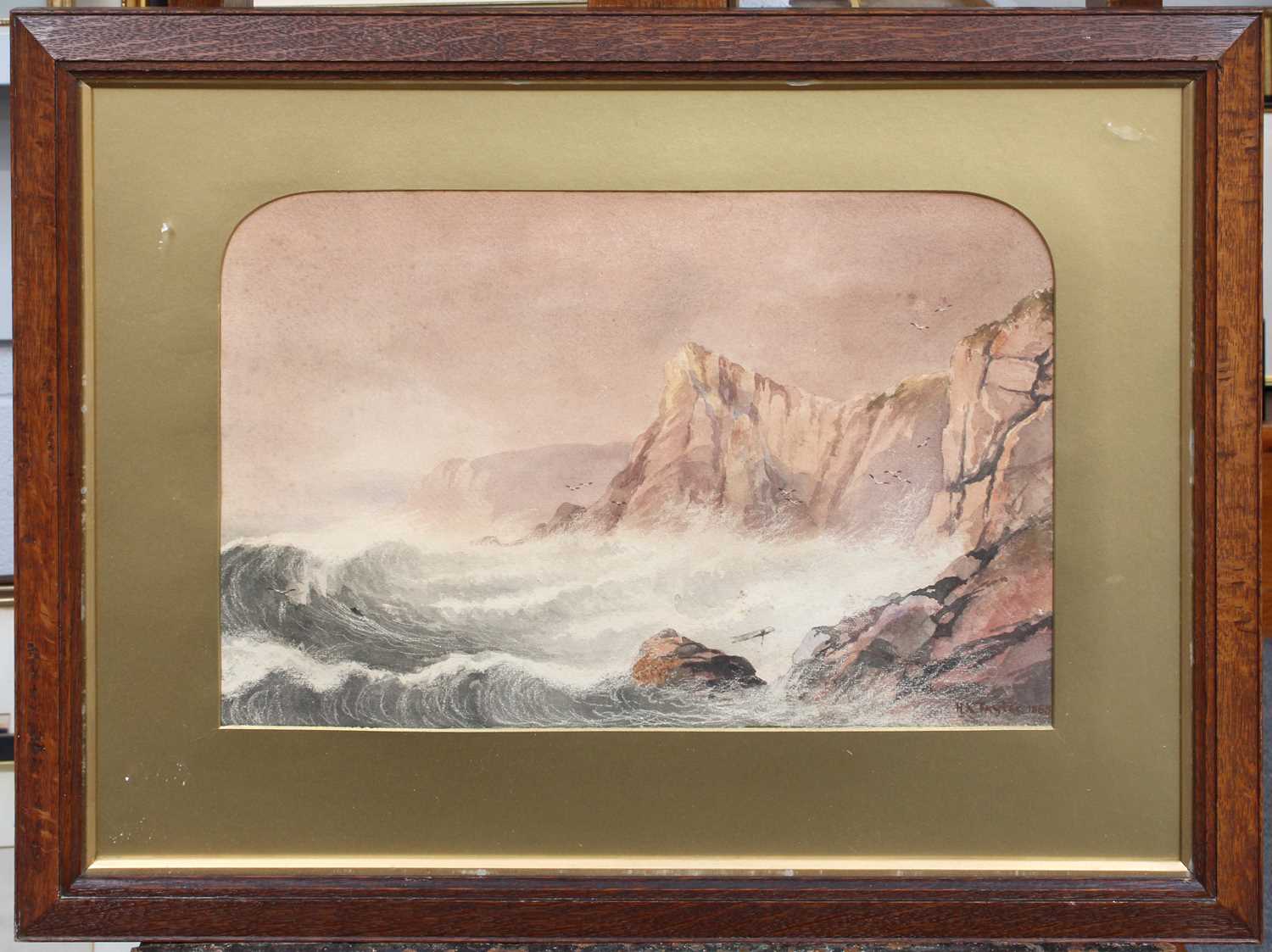 H K Taylor (19th Century) Coastline in stormy weather Signed and dated 1865, watercolour, 29.5cm - Image 2 of 2