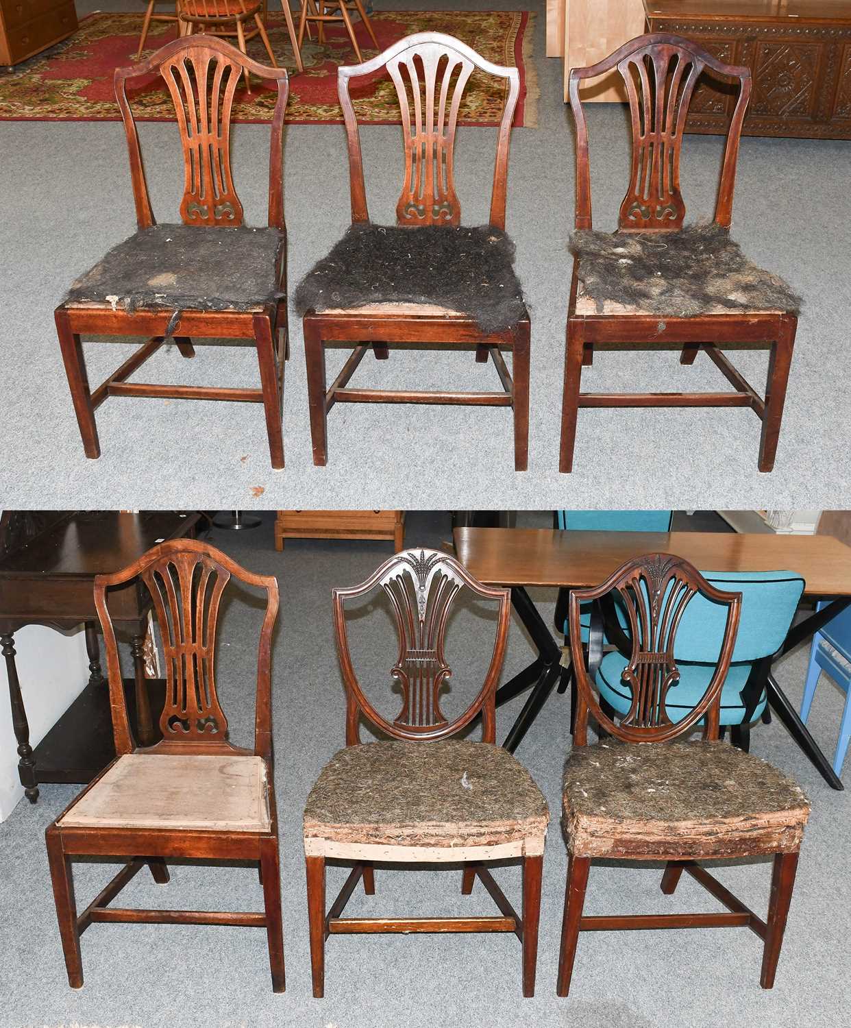 A Pair of George III Hepplewhite Style Mahogany Sheild Back Dining Chairs; together with a set of