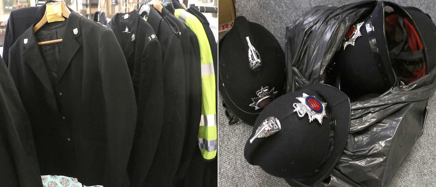 A Quantity of Police Uniforms, comprising a cape, raincoat, greatcoat, two Hi-viz jackets and a