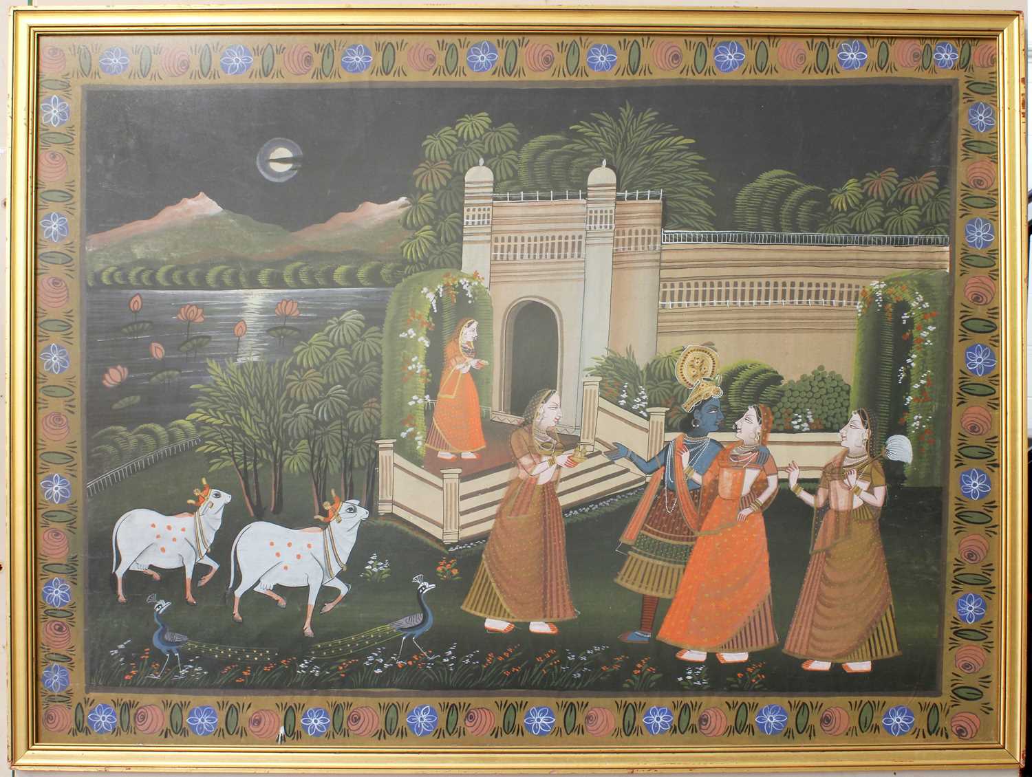 Indian Watercolour on Silk, depicting Shiva and attendants before a temple, 85cm by 115.5cm - Image 2 of 2