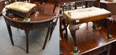 A 19th Century Mahogany Footstool, with ball and claw feet, another decorated with blind fretwork