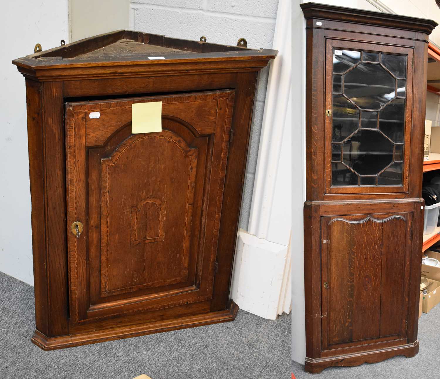 A George III Oak Part Glazed Standing Corner Cupboard, 75cm by 40cm by 197cm; together with an