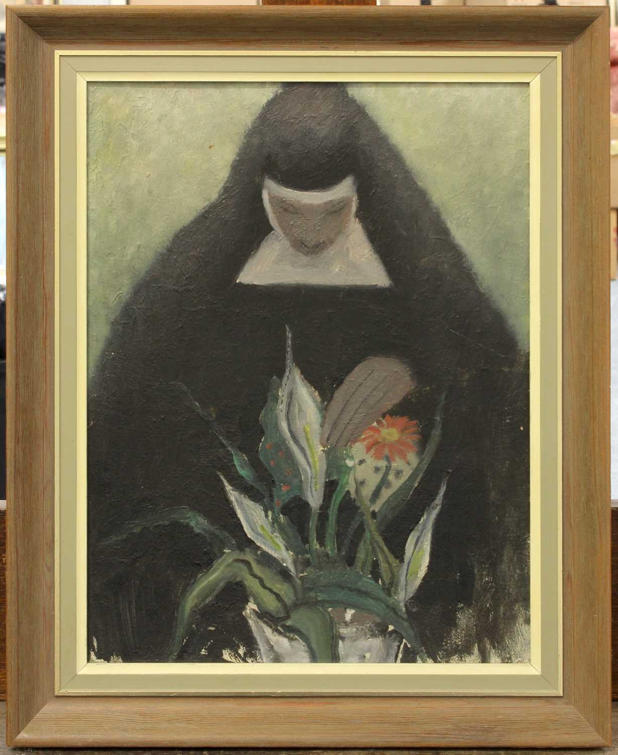 British School (20th Century) Nun arranging flowers Oil on board, together with a further work by - Image 5 of 5