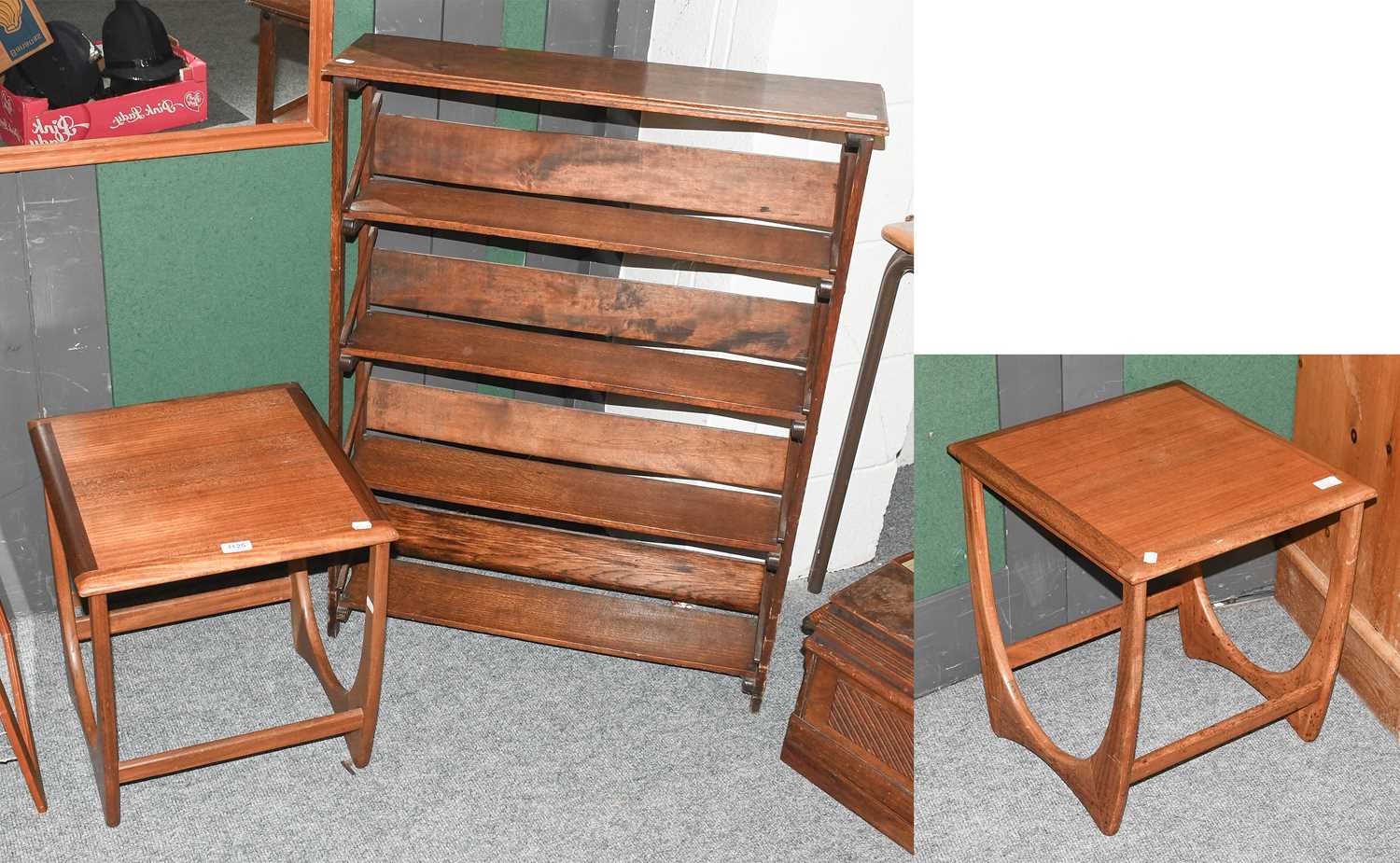 A Pair of Mid 20th Century Teak Lamp Tables, 46cm by 43cm by 49cm; together with an oak open book