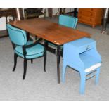 A Pair of 1940s Blue Open Armchairs, blue painted telephone seat, and a G-plan "Helicopter" dining
