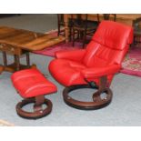 A Stressless Red Leather Reclining Armchair, and stool Armchair - End strip of zip visible,