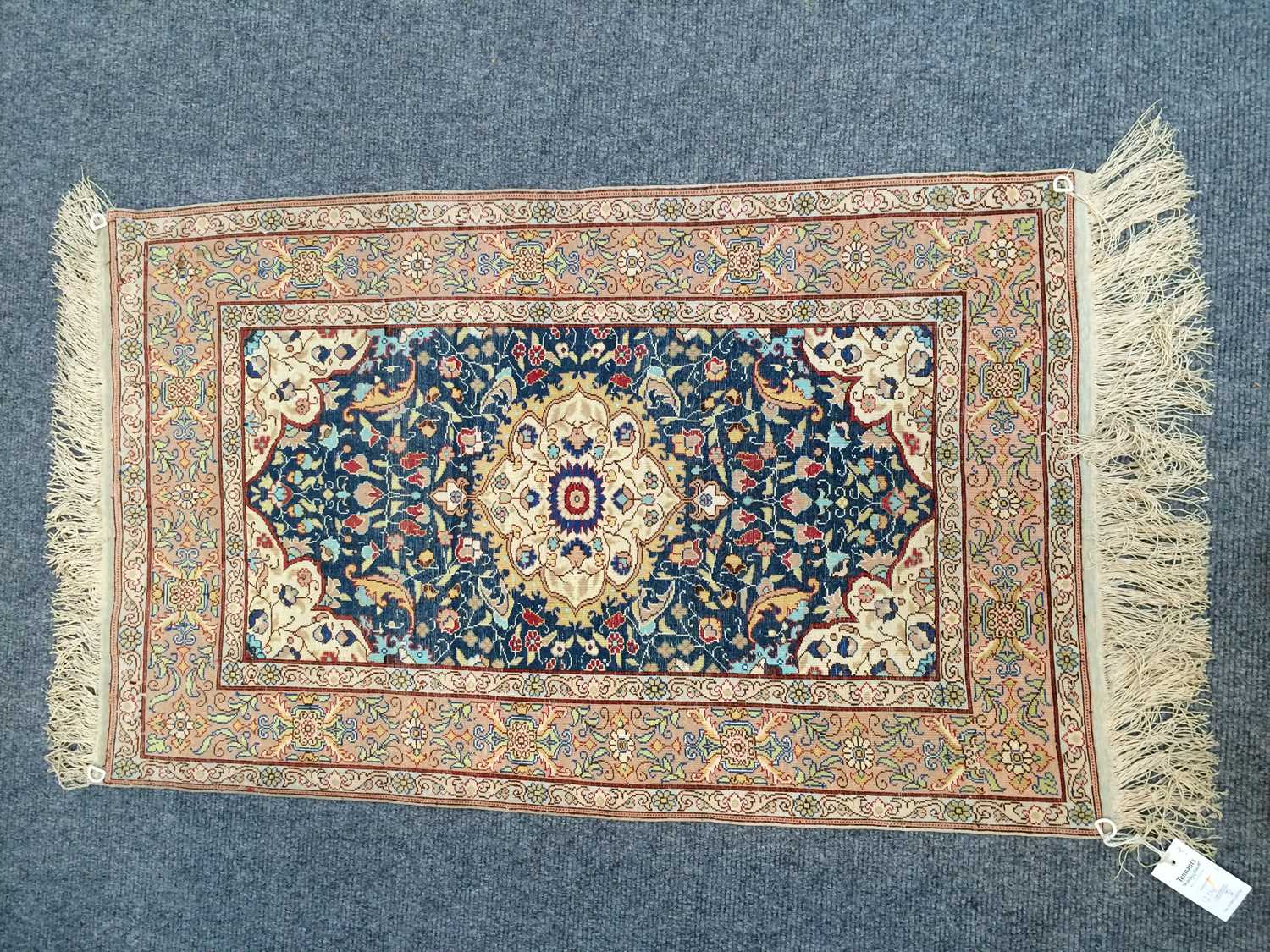 A Hereke Silk Rug, the indigo field of flowering plants, framed by mustard spandrels and ivory - Image 7 of 14