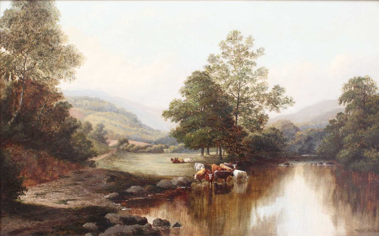 Walter Reeves (fl.1882-1900) Cattle watering in a river landscape Signed, oil on canvas, 42cm by