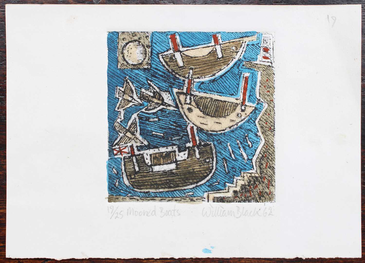 William Black (Contemporary) "Moored Boats" Signed, dated (19)62 and numbered 19/25, coloured - Image 2 of 2