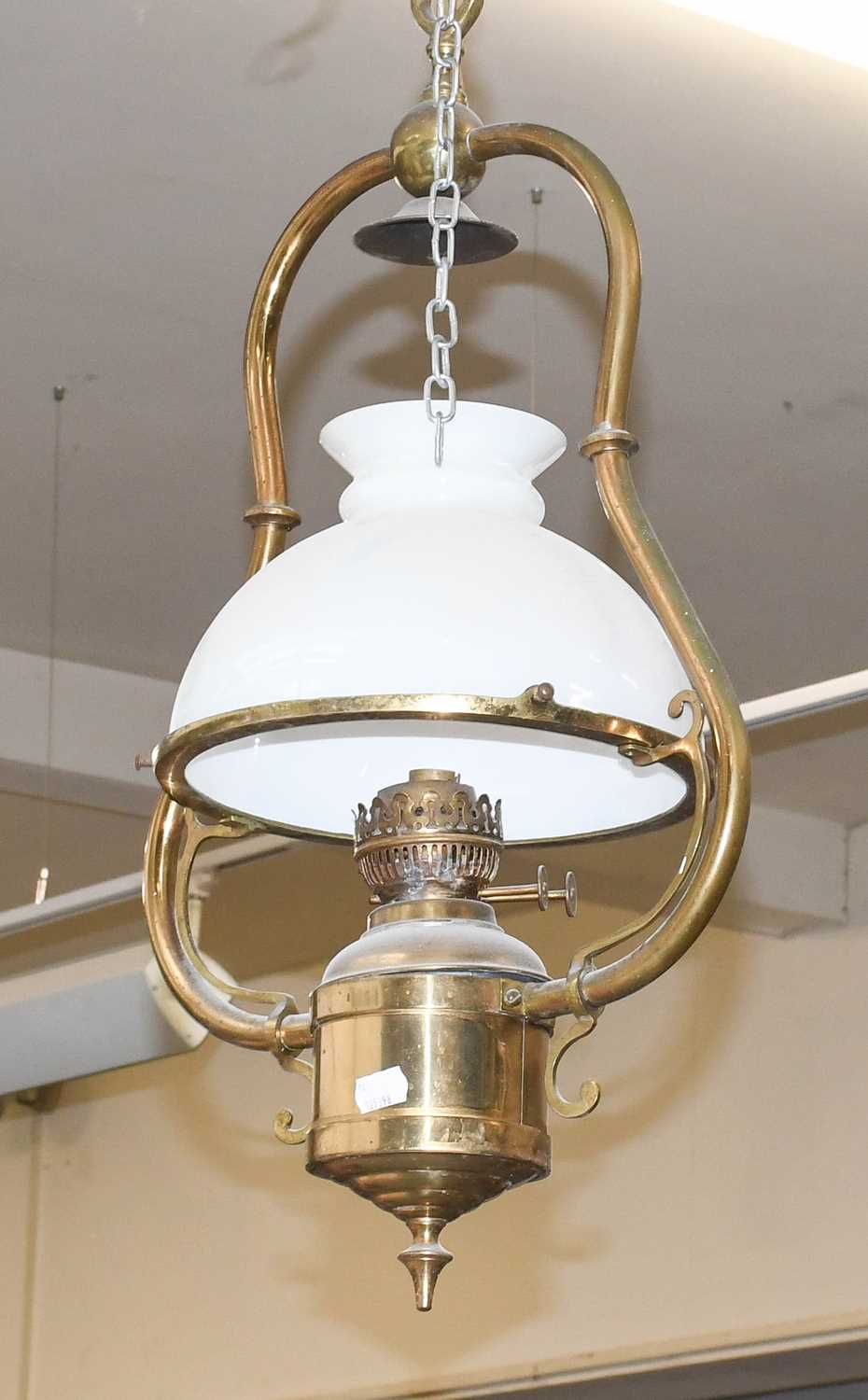 A Set of Three Brass Oil Lanterns, two with opaque white shades, drop 67cm - Image 2 of 4