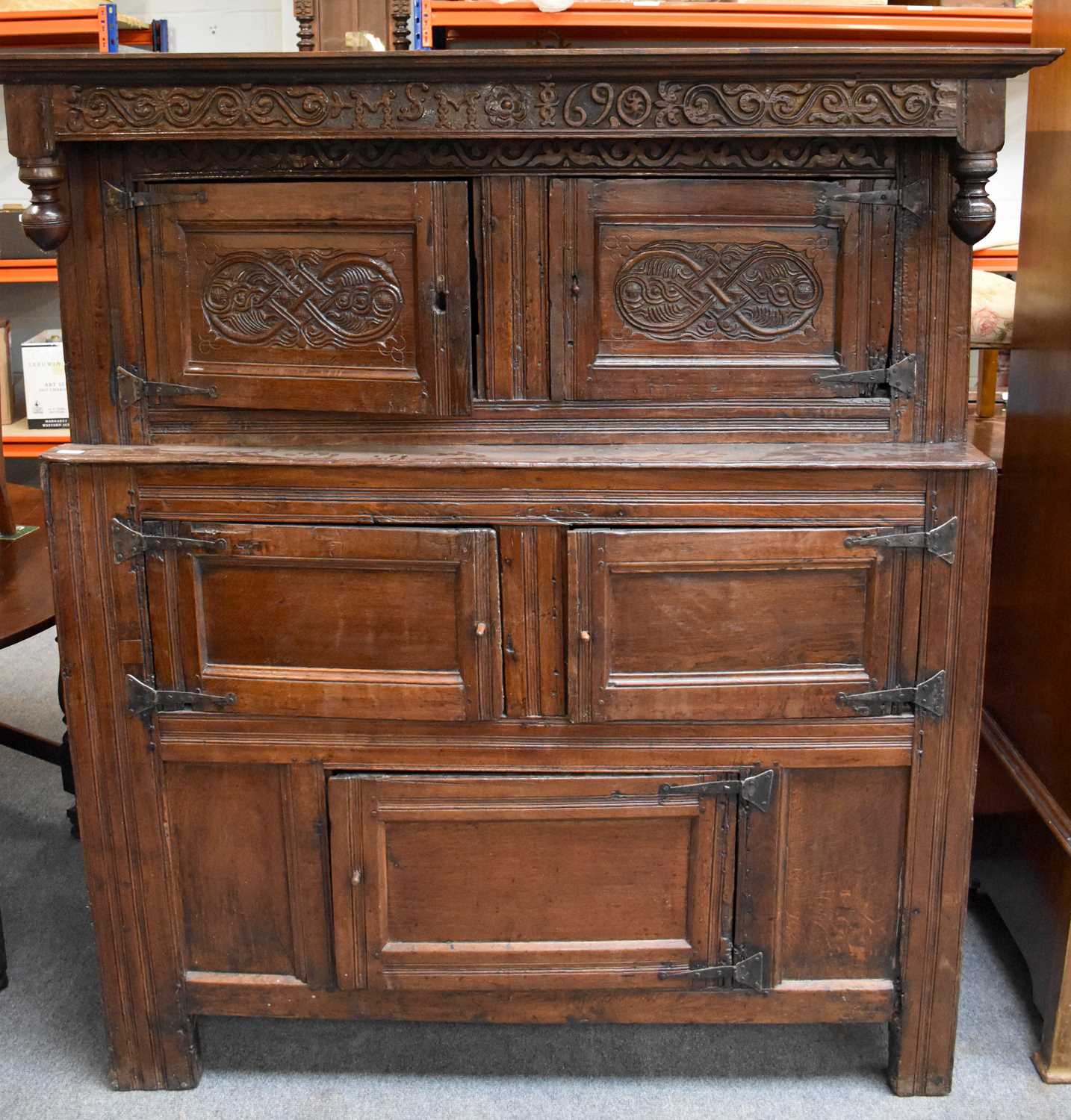 An English Joined Oak Press Cupboard, Westmorland, initialled MSM and dated 1690, the bold cornice - Image 3 of 3