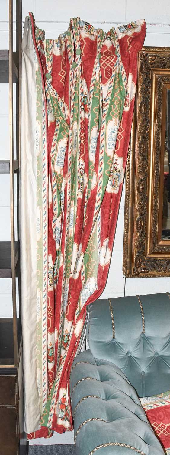 A Pair off Osborne & Little Potentate Pattern Printed Curtains, in red and green, with chinoiserie - Image 2 of 3