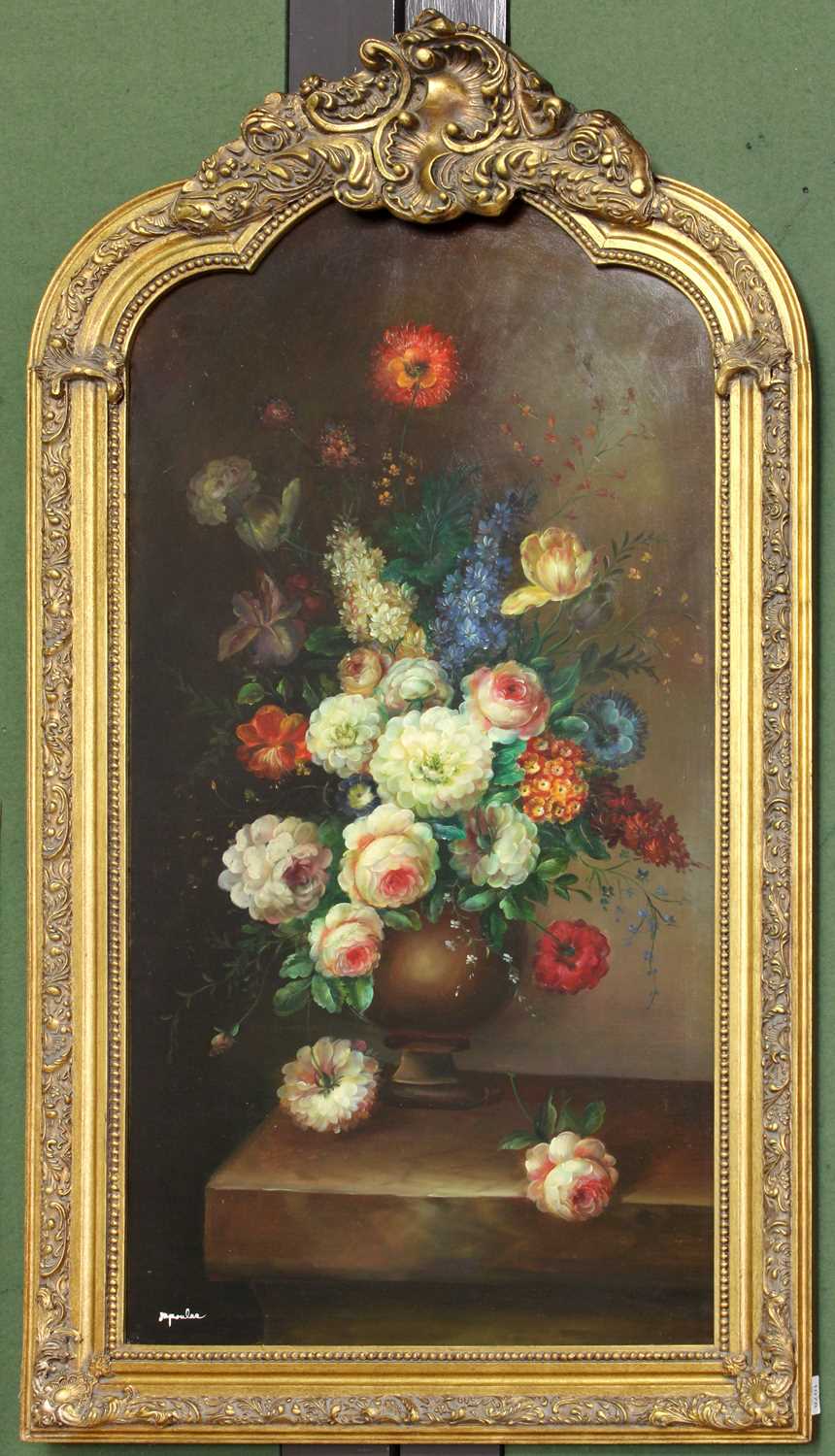 A Decorative Still Life of Flowers in a Vase on a Ledge, modern, bears signature, oil on panel, in - Image 2 of 2