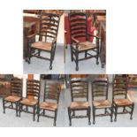 A Set of Eight Rush Seated Oak Ladderback Chairs