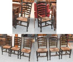 A Set of Eight Rush Seated Oak Ladderback Chairs
