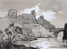 Robert Leslie Howey (1900-1981) Barnard Castle Signed, monochromatic mixed media, 12cm by 16.5cm