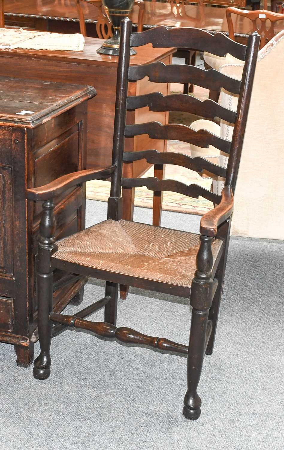 A Set of Eight Rush Seated Oak Ladderback Chairs - Image 2 of 5