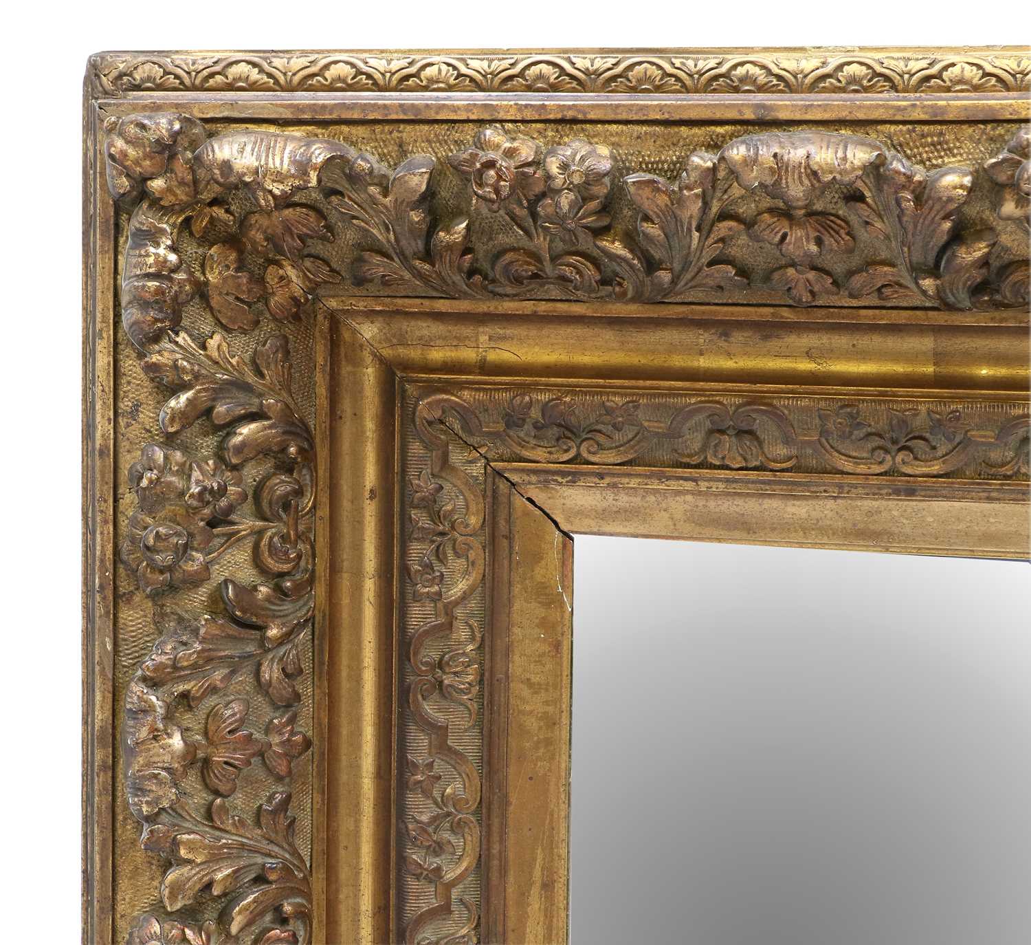 A Victorian Carved Giltwood and Gesso Picture Frame, mid 19th century, with later plain mirror plate - Image 2 of 4