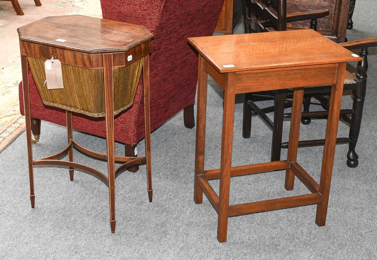 A 19th Century Mahogany Sewing Table, 52cm by 38cm by 80cm; together with a later oak lamp table