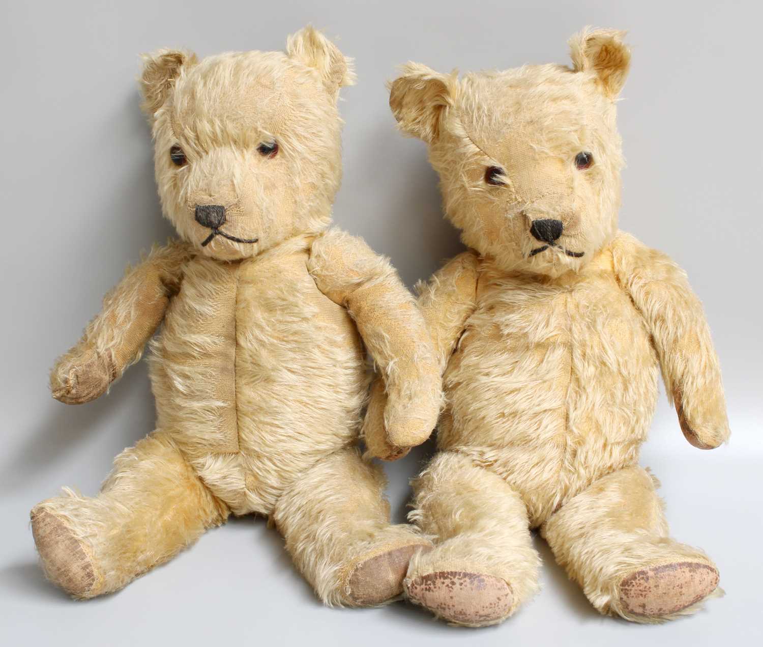 Circa 1950s Chad Valley Type Yellow Plush Jointed Teddy Bear with stitched nose and glass eyes and