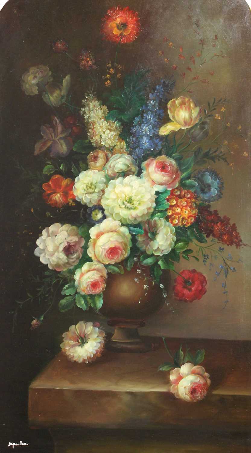 A Decorative Still Life of Flowers in a Vase on a Ledge, modern, bears signature, oil on panel, in