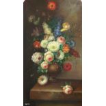 A Decorative Still Life of Flowers in a Vase on a Ledge, modern, bears signature, oil on panel, in