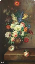 A Decorative Still Life of Flowers in a Vase on a Ledge, modern, bears signature, oil on panel, in