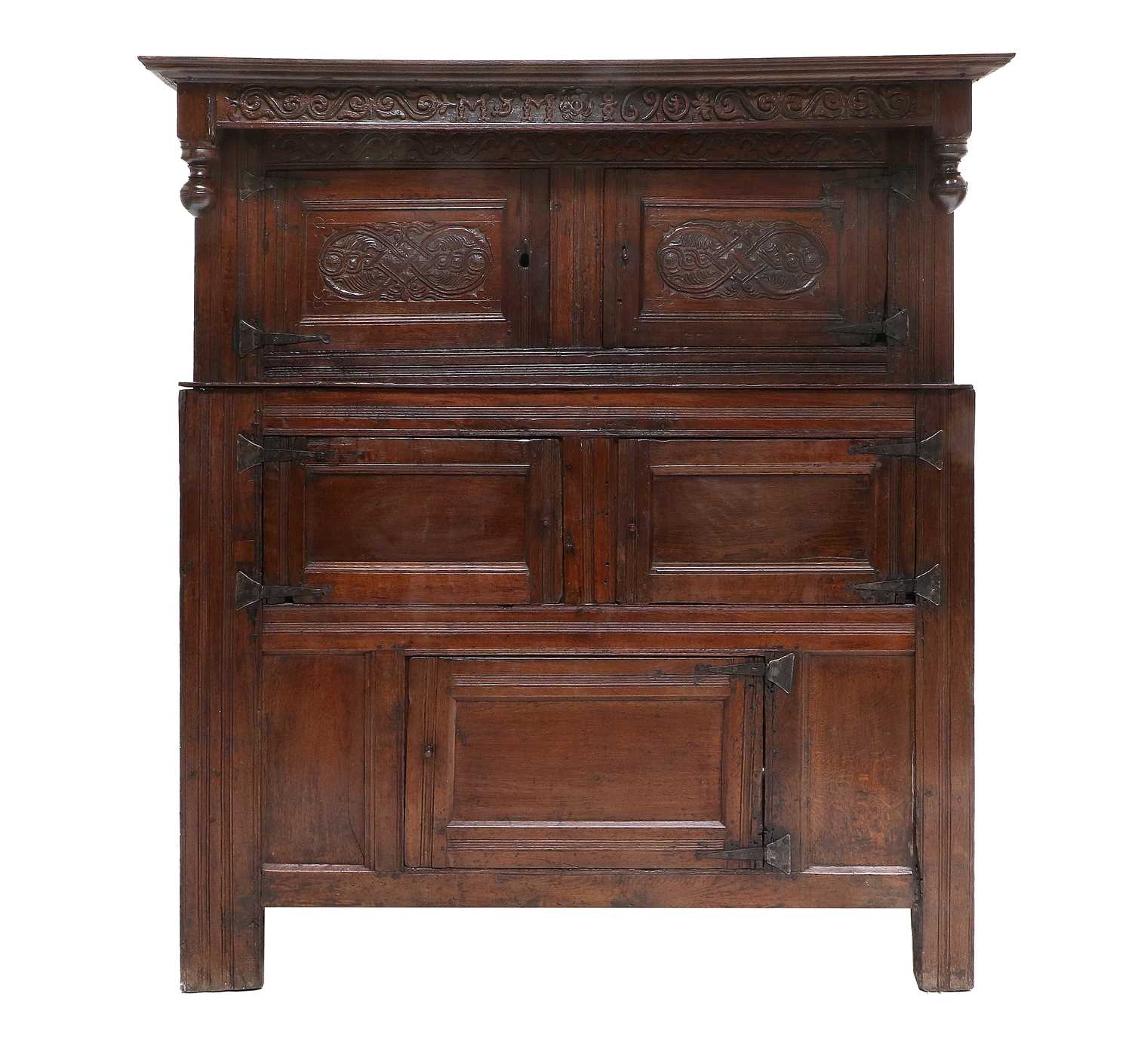 An English Joined Oak Press Cupboard, Westmorland, initialled MSM and dated 1690, the bold cornice