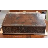 A 17th Century Oak Bible Box, with secret compartments behind the inner bank of drawers