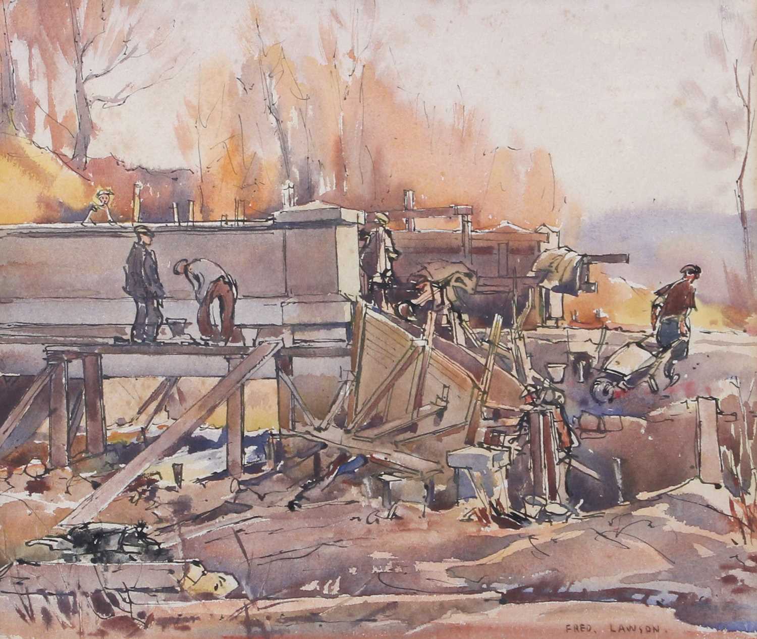 Fred Lawson (1888-1968) At work building a bridge Signed, pen and watercolour, together with a