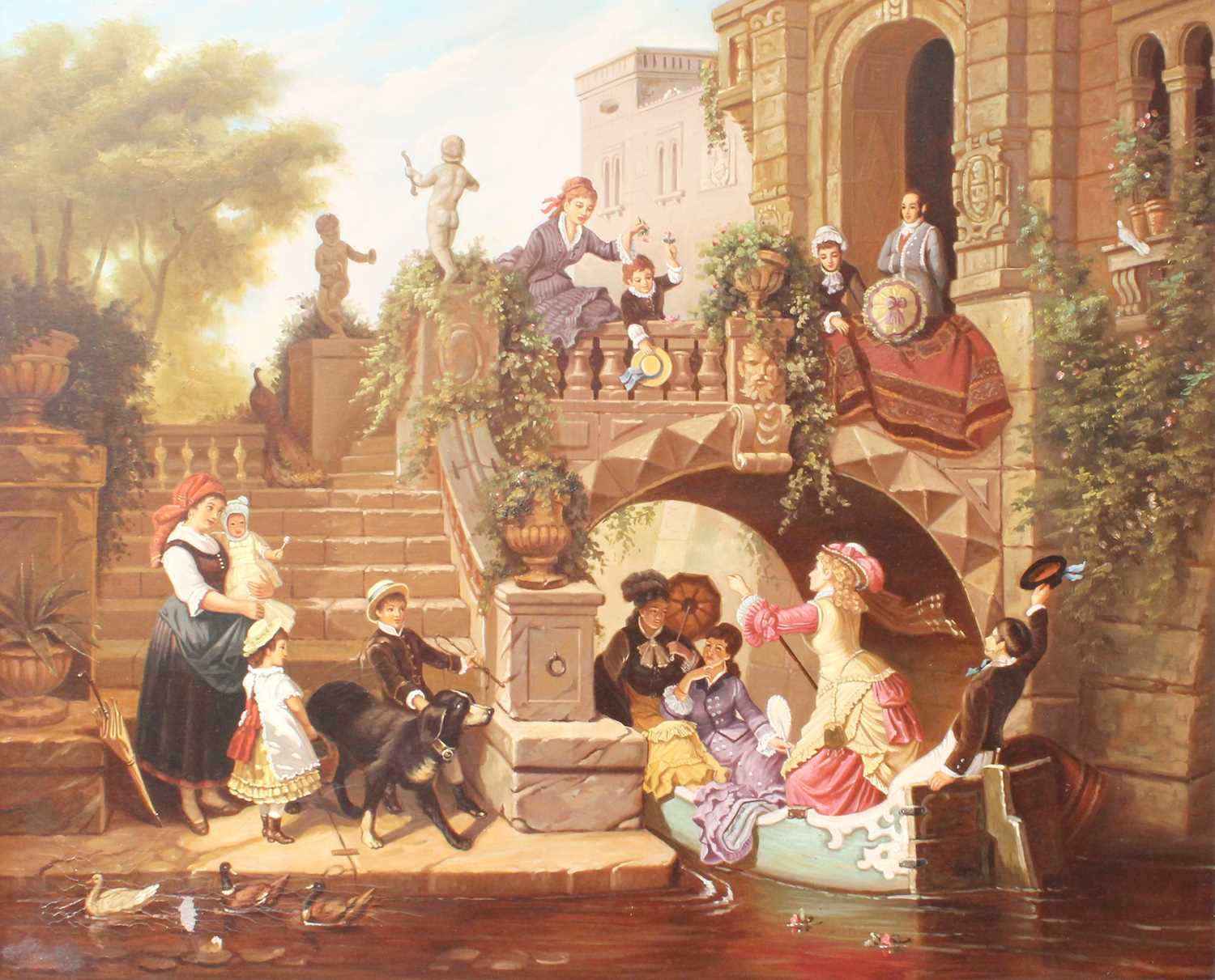 C* Roldan (20th Century) Bustling canal scene before a palazzo Signed, oil on canvas, 78cm by 97cm