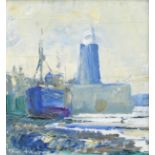 Thomas McAndrew (1916-2002) Moored boat with lighhouse beyond Signed, oil on board, together with