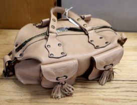 Small Mulberry Leather Bag in light brown, pockets to the front with stitched flaps hung with