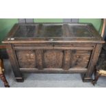 An 18th Century Three Panel Oak Coffer, carved with the intials I.B, 115cm by 51cm by 72cm