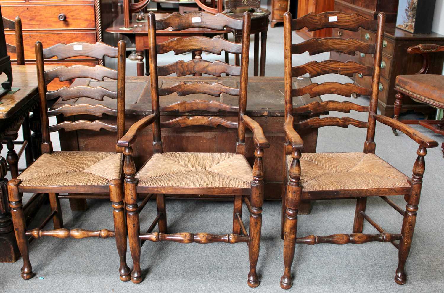 A Set of Six Titchmarsh & Goodwin Style Ladderback Dining Chairs, with rush seats, comprising two - Image 2 of 3