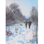 Stephen Hawkins (b.1964) Sportsmen and dog in a winter landscape Signed, oil on board, 39cm by