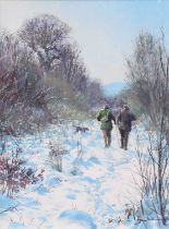 Stephen Hawkins (b.1964) Sportsmen and dog in a winter landscape Signed, oil on board, 39cm by