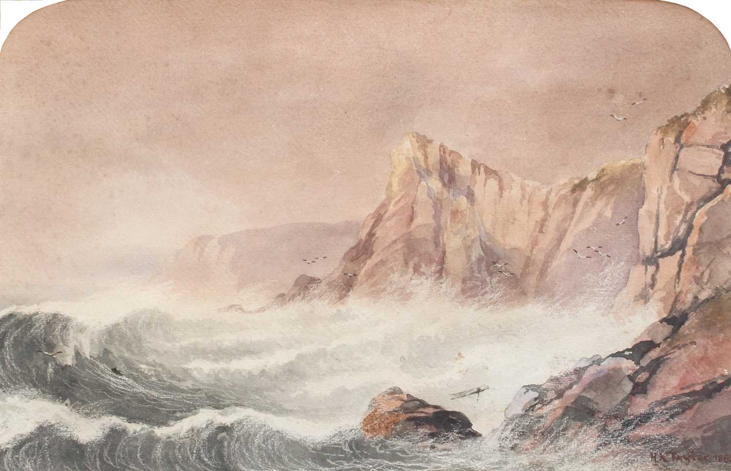 H K Taylor (19th Century) Coastline in stormy weather Signed and dated 1865, watercolour, 29.5cm
