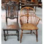 A Elm Windsor Chair; together with a Victorian carved oak hall chair