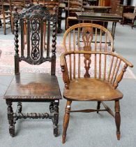 A Elm Windsor Chair; together with a Victorian carved oak hall chair