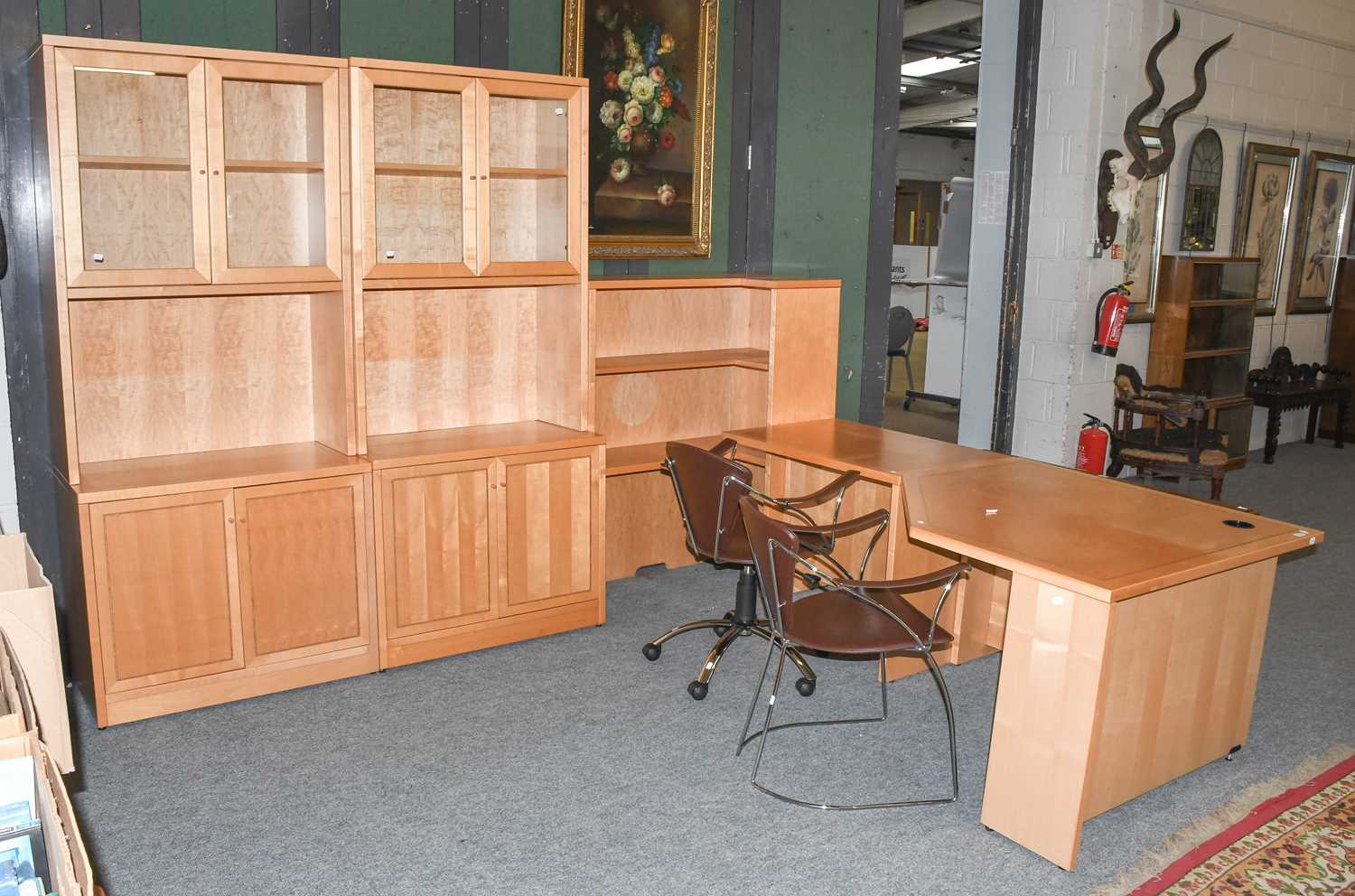 A Modern Satin Birch Effect Office Suite, comprising two tables, a corner bookcase, two glazed - Image 2 of 2