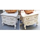 A Pair of French Style White Painted Serpentine Chests of Two Drawers, 65cm by 71cm by 50cm