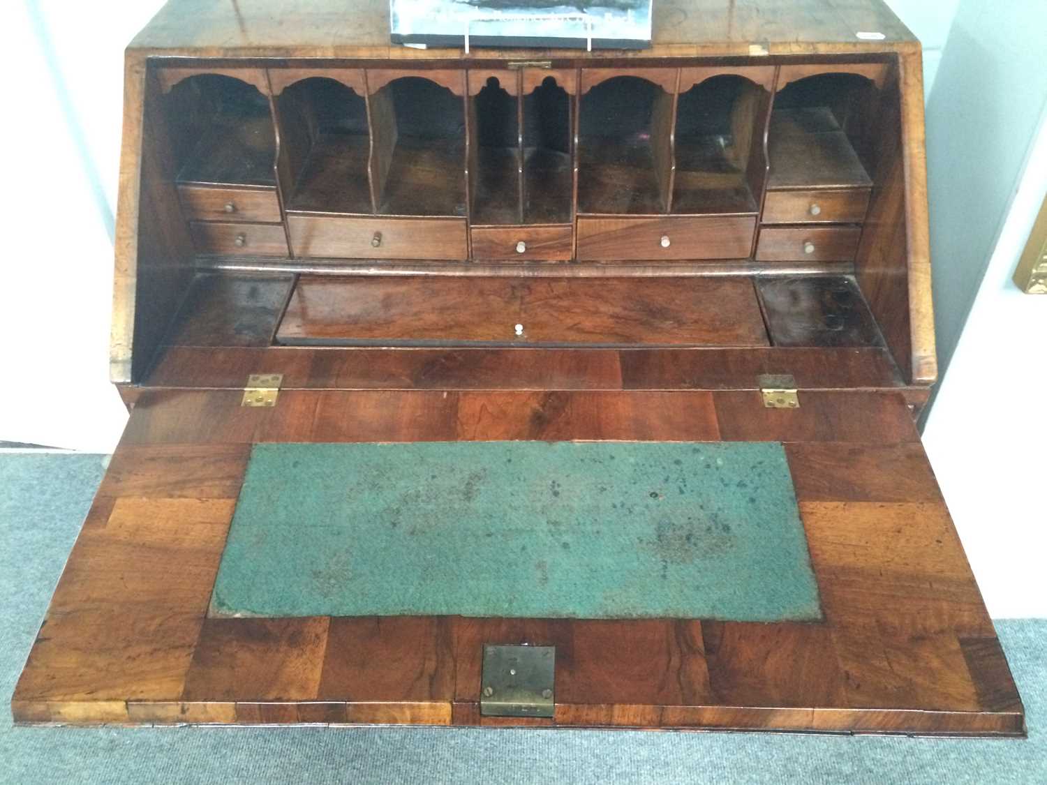 An 18th Century Walnut and Crossbanded Bureau, the fall flap opening to reveal fitted interior - Image 5 of 11