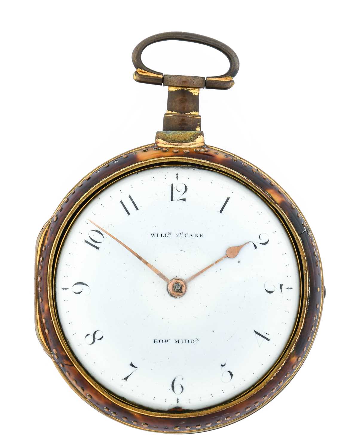 McCabe: A Gilt Metal and Tortoiseshell Pair Cased Verge Pocket Watch, signed Willm McCabe, Bow